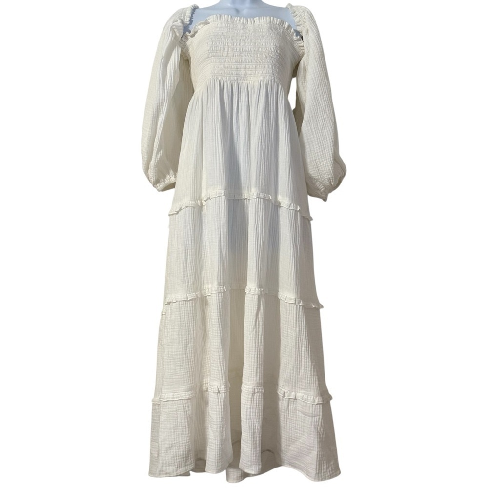 Show Me Your Mumu Midi Dress in White Sz L Gauze Smocked Cottagecore Milkmaid